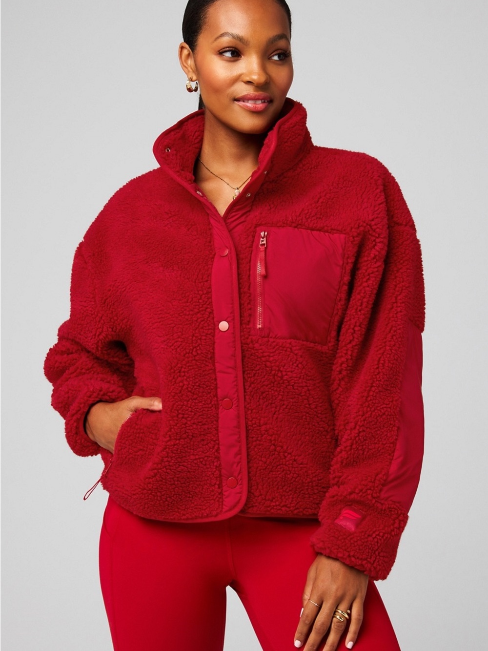 Fabletics Tahoe Teddy Fleece Jacket in Cherry Red